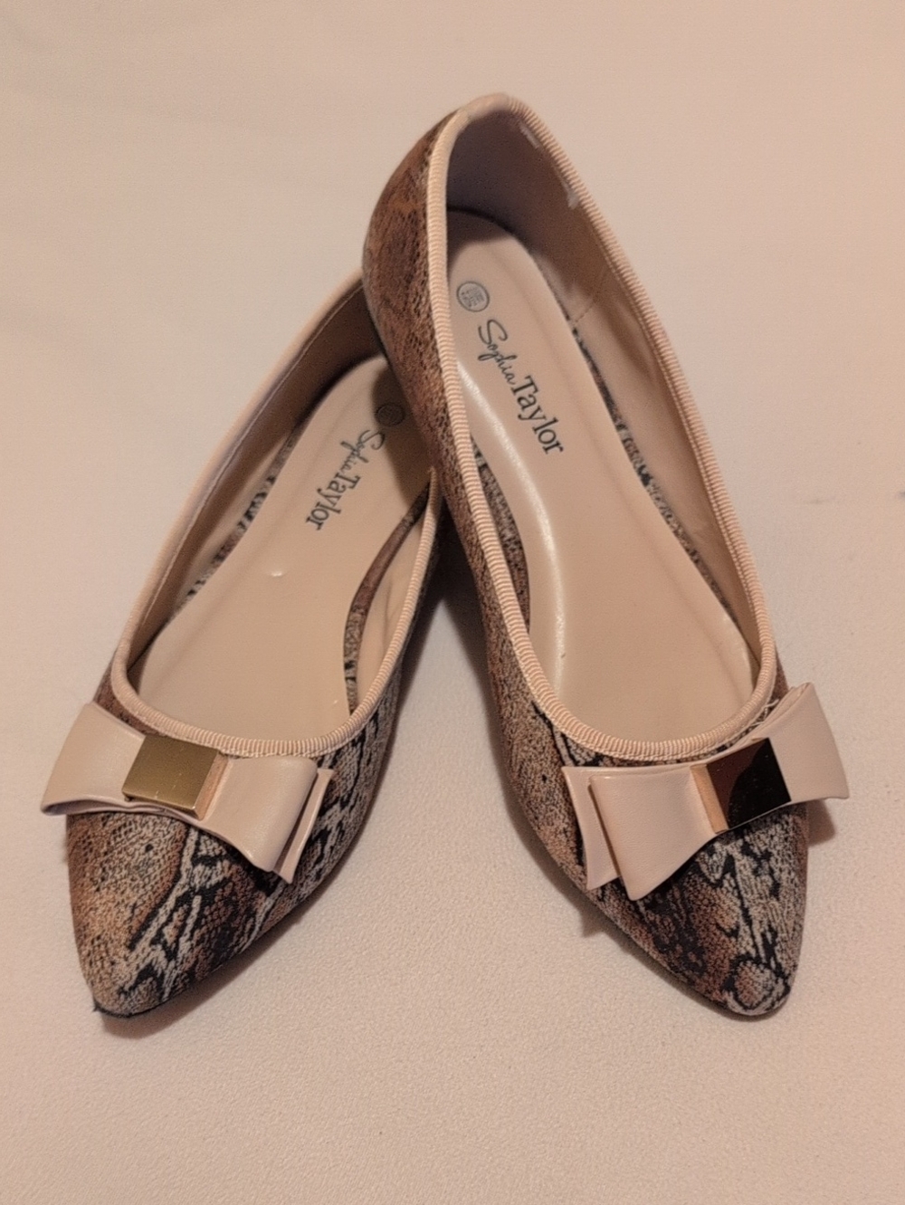 Sofia Taylor Women's Faux-Snakeskin Pointed-Toe Ballet Flats in Pink & Beige
